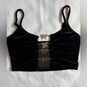 SHEIN Black Velvet Crop Top with Butterfly Accents 4